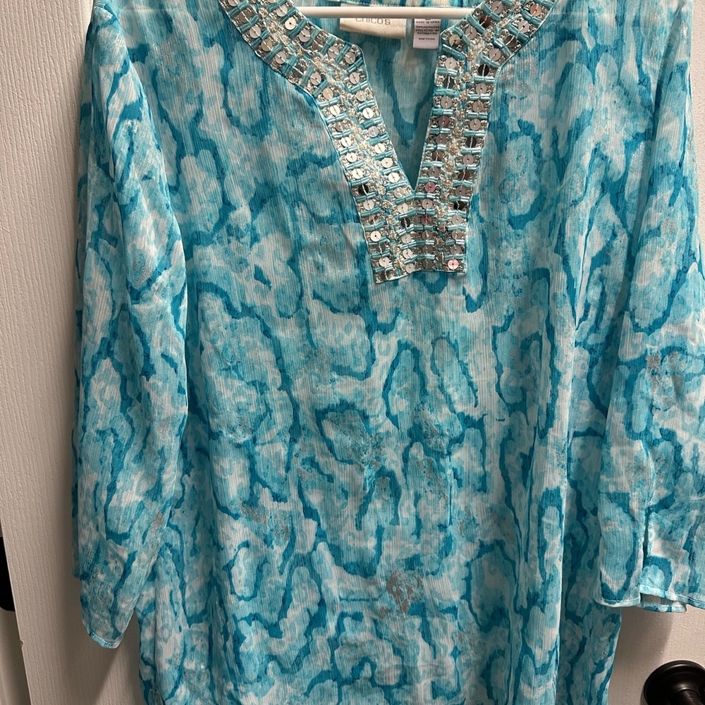Chicos Blue Patterned Women's Top size XL/ NWOT # 410
